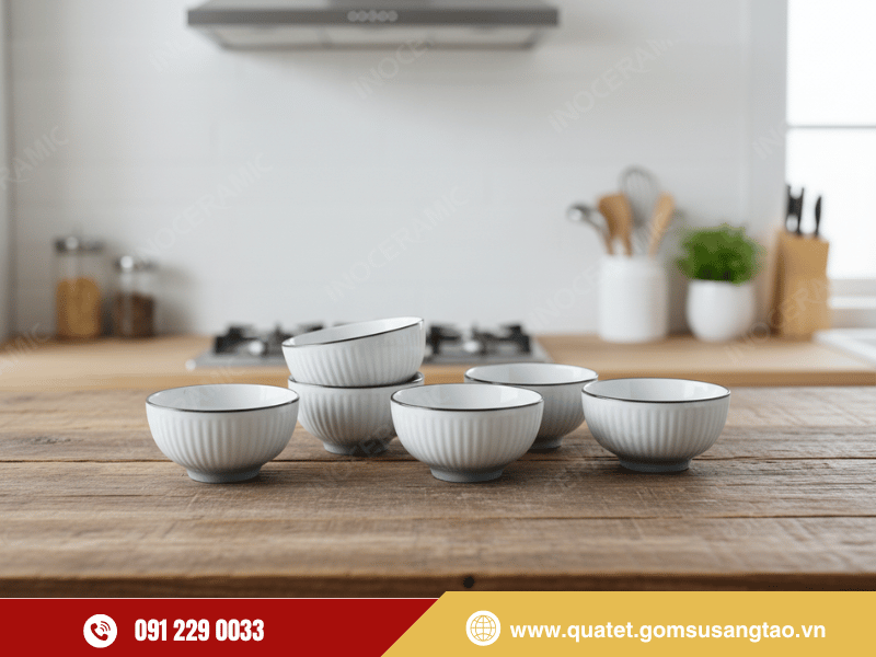 Bộ 6 chén sọc kẻ chỉ men trắng Bát Tràng – Quà Tết công đoàn tinh tế
