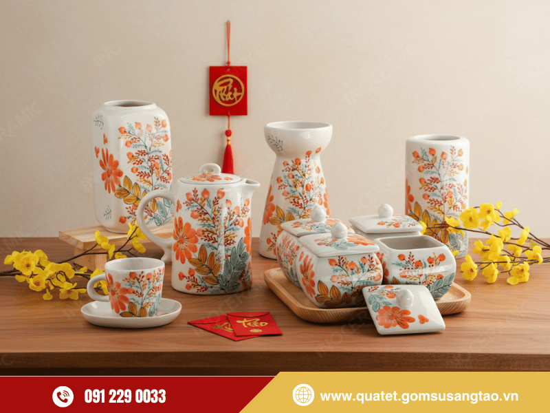 Bộ ấm chén bình hoa hũ mứt sứ hoa cam quà tết An Khang Bộ ấm chén bình hoa hũ mứt sứ hoa cam quà tết An Khang