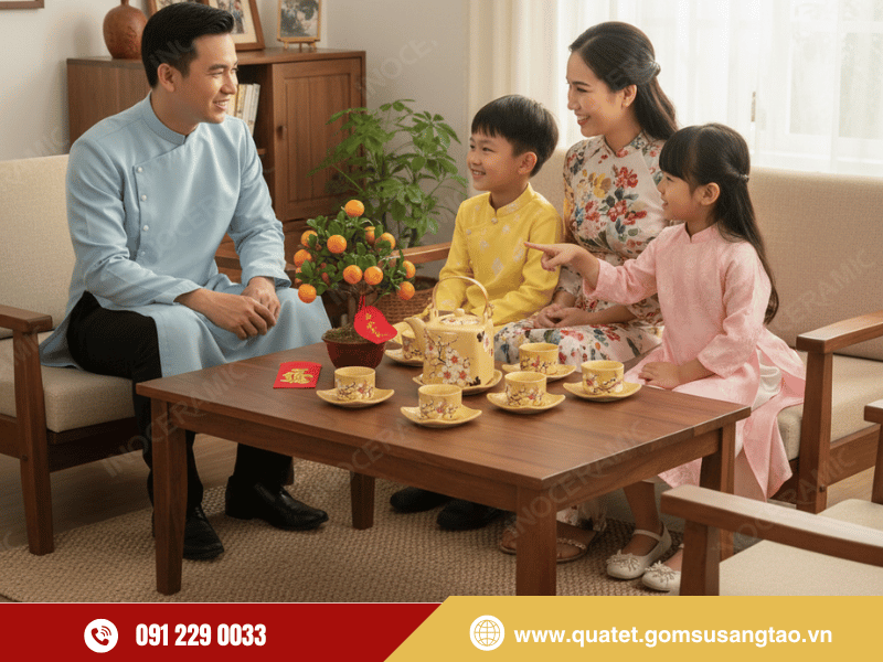 Bộ ấm trà Tết dáng vuông ánh vàng trưng bày phòng khách