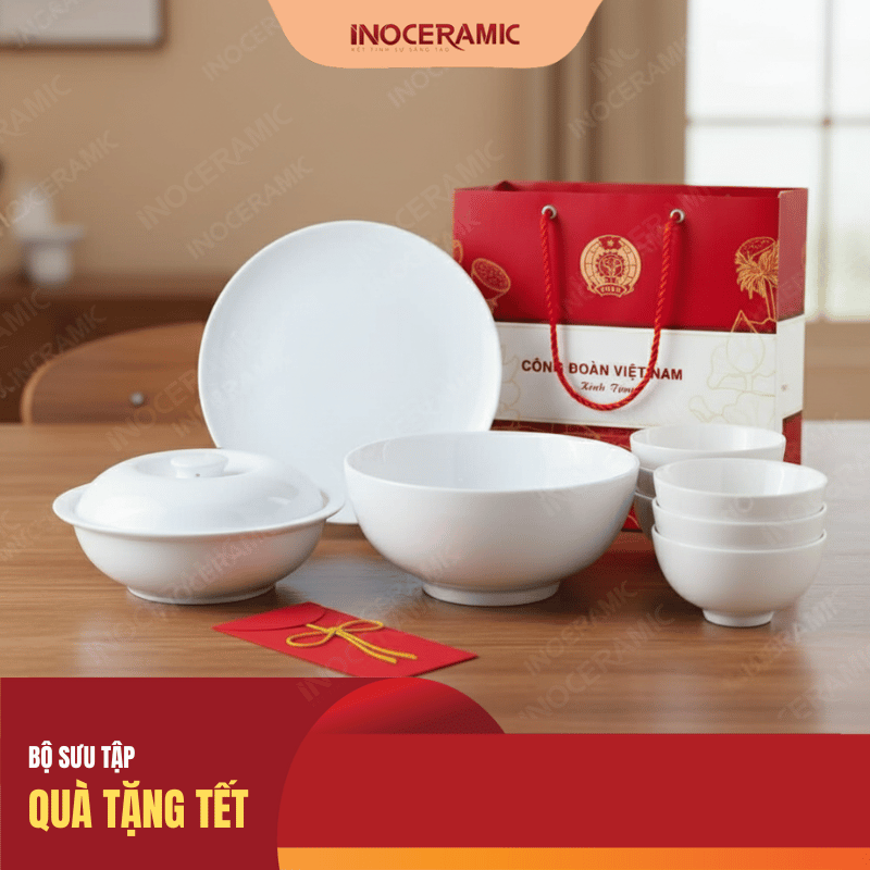 Bộ quà 9 bát đĩa men trắng tặng công đoàn khu công nghiệp Bộ quà 9 bát đĩa men trắng tặng công đoàn khu công nghiệp