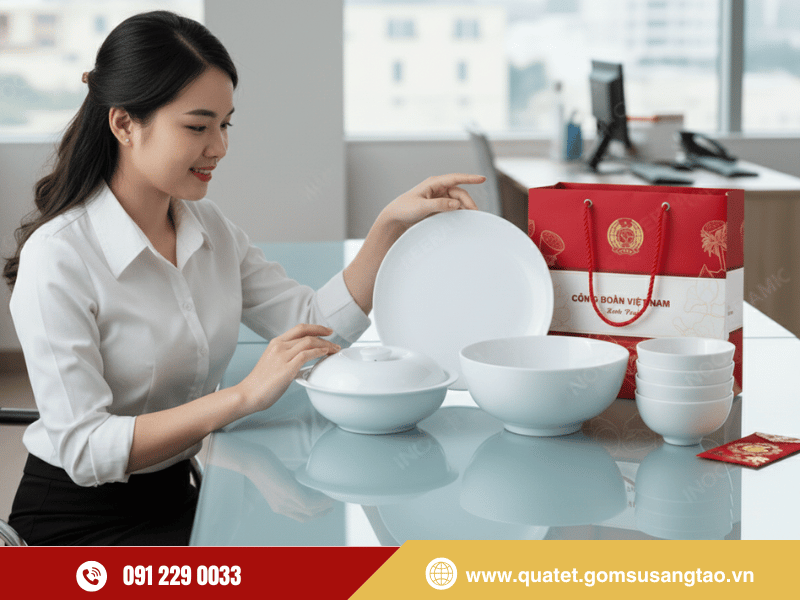 Bộ quà bát đĩa men trắng biểu trưng cho sự đoàn viên và tri ân người lao động dịp Tết Bộ quà bát đĩa men trắng biểu trưng cho sự đoàn viên và tri ân người lao động dịp Tết