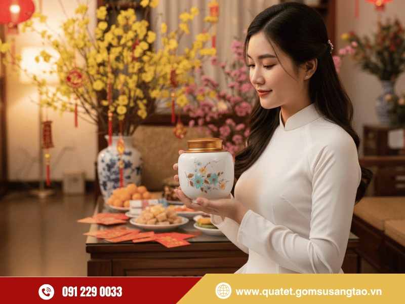 Chất liệu sứ Bát Tràng cao cấp của hũ đựng trà Hoa mai xanh men trắng