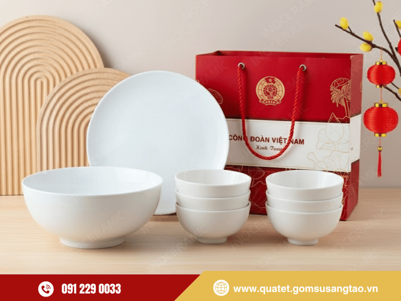 Chén bát đĩa trắng gốm sứ Bát Tràng cao cấp men bóng sáng mịn