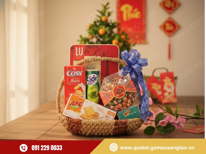 Giỏ quà Tết bánh kẹo truyền thống với rượu vang, mứt và socola được gói sang trọng Giỏ quà Tết bánh kẹo truyền thống với rượu vang, mứt và socola được gói sang trọng