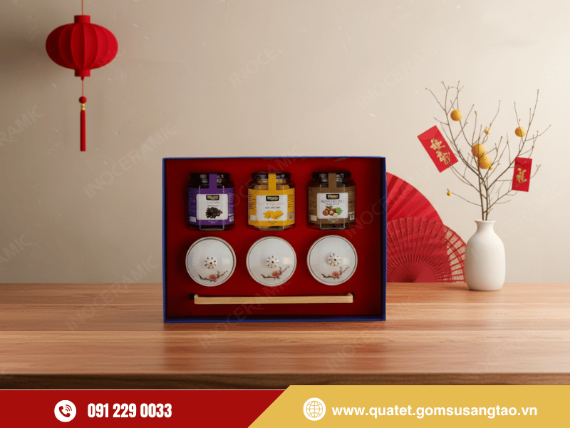 Hộp quà tết Phát Lộc An sang trọng gốm sứ Bát Tràng cao cấp