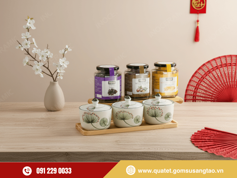 Hộp quà tết doanh nghiệp gốm sứ hoa cỏ may cao cấp