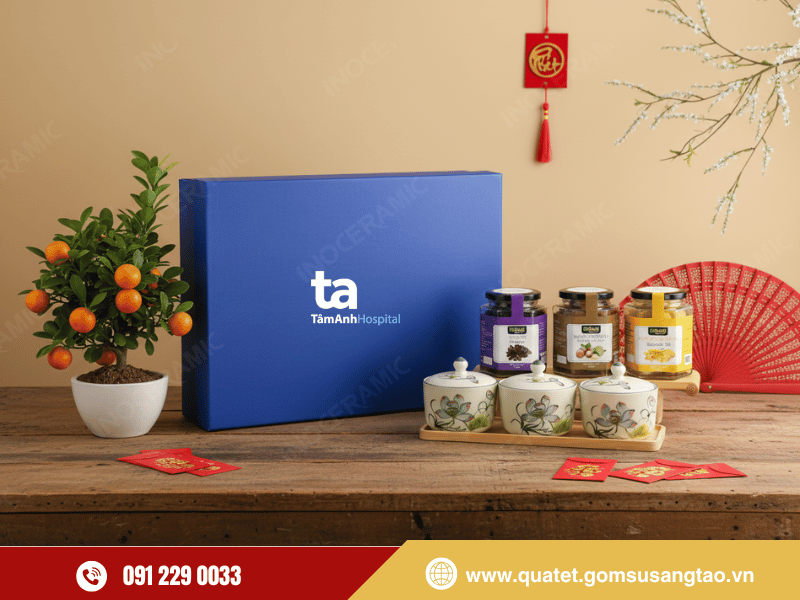 Hộp quà tết in logo bệnh viện Tâm Anh sang trọng cao cấp ngành y
