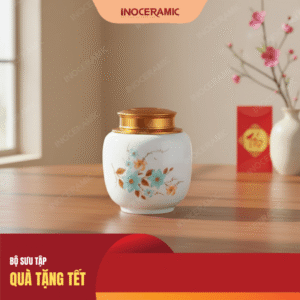 Hũ đựng trà Hoa mai xanh quà tặng Tết 2026