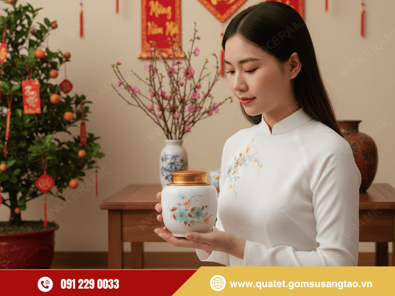 Hũ đựng trà Hoa mai xanh sử dụng bảo quản trà và trang trí không gian Tết