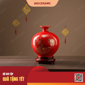 Bình hút lộc men đỏ Sen đại kẻ vàng tặng Tết 2026 đối tác