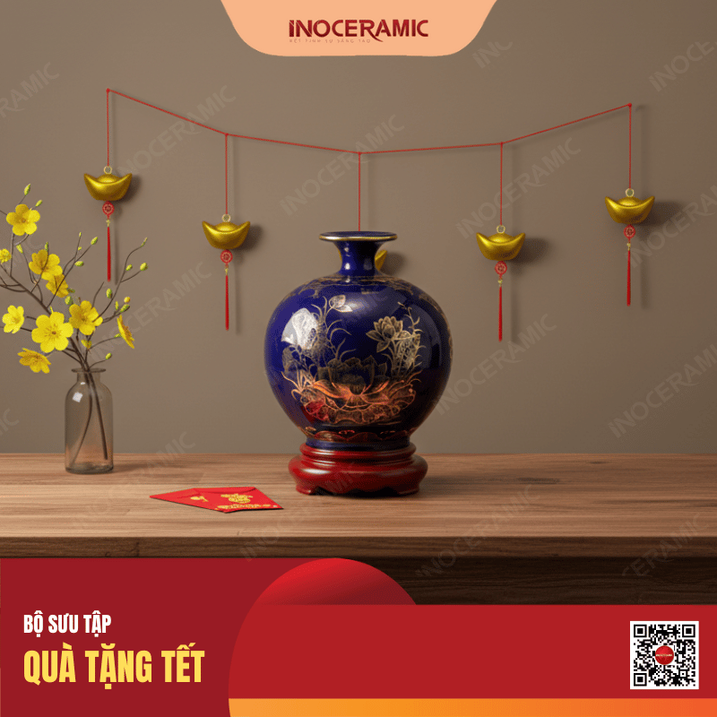 Bình hút lộc men lam Sen đại kẻ vàng quà Tết công ty xây dựng & nội thất Bình hút lộc men lam Sen đại kẻ vàng quà Tết công ty xây dựng & nội thất