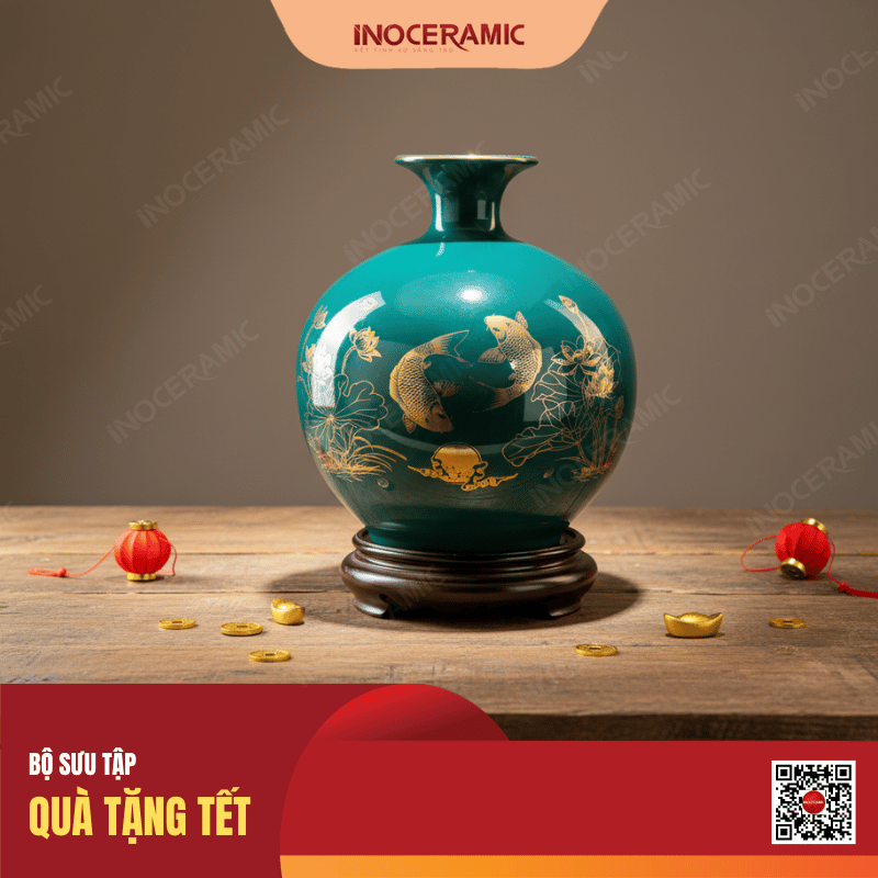 Bình hút lộc men xanh cổ vịt Sen Chép Bình An quà Tết 2026 Bình hút lộc men xanh cổ vịt Sen Chép Bình An quà Tết 2026