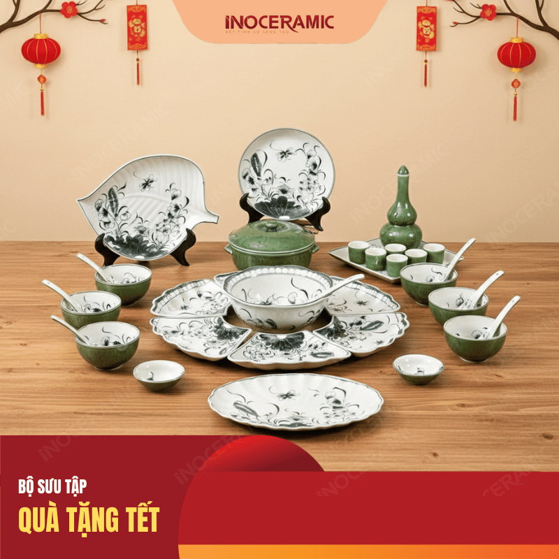 Bộ bát đĩa Hoa Mặt Trời 35 món men xanh đồng Sen chuồn Bộ bát đĩa Hoa Mặt Trời 35 món men xanh đồng Sen chuồn