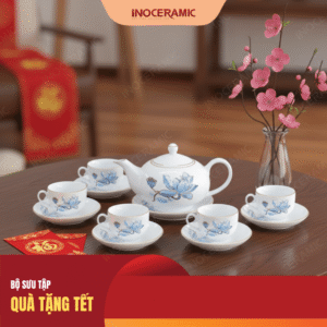 Bộ trà Minh Nguyệt Sen Xanh kẻ vàng làm quà tặng Tết 2026