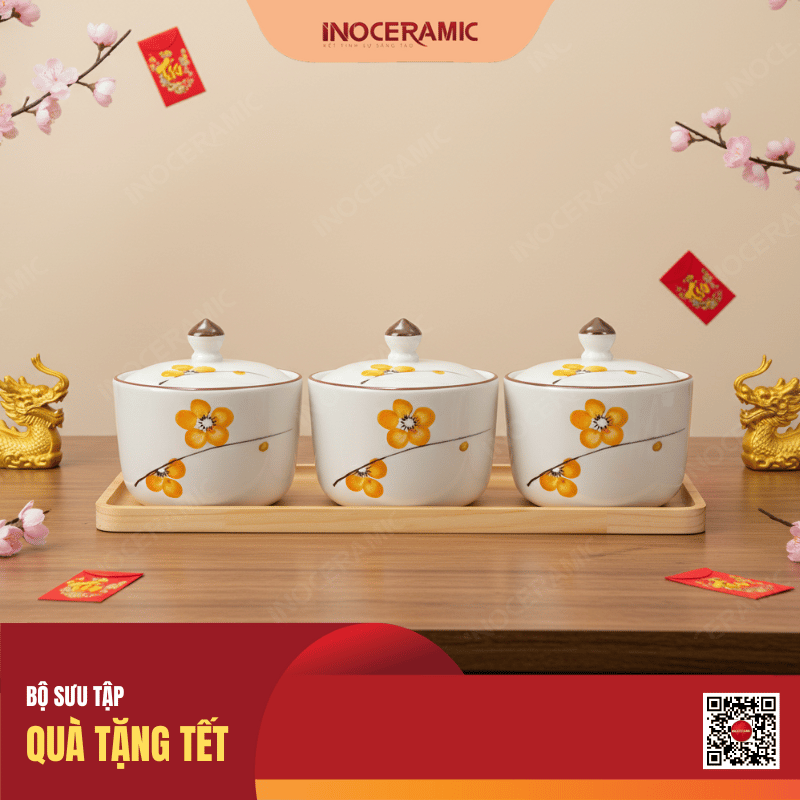 Khay 3 hũ mứt Tết Đào Cam làm quà Tết nhân viên Khay 3 hũ mứt Tết Đào Cam làm quà Tết nhân viên