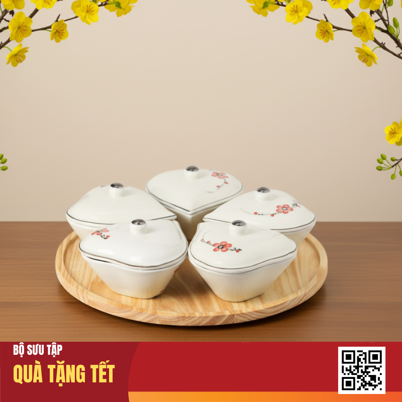 Khay 5 hũ mứt Tết tim đào đỏ Khay 5 hũ mứt Tết tim đào đỏ