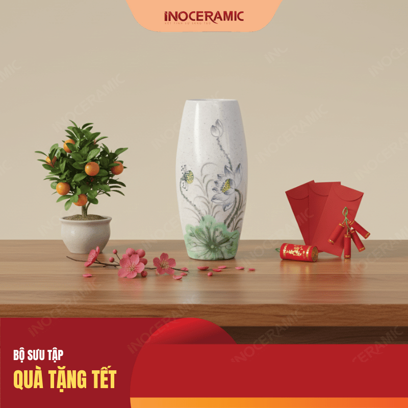 Lọ bom Tết men chấm Sen Đen làm quà tặng cao cấp 2026 Lọ bom Tết men chấm Sen Đen làm quà tặng cao cấp 2026