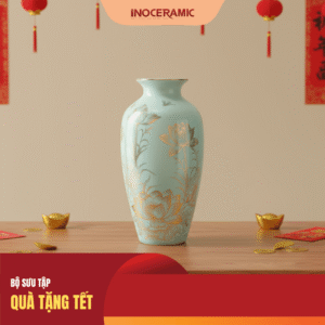 Lọ cắm hoa men ngọc Liên Hoàng Điệp kẻ vàng