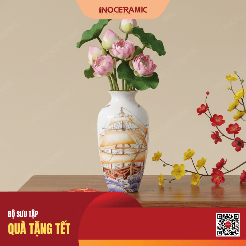 Lọ hoa Tết Thuận Buồm kẻ vàng tặng nhân viên Tết 2026 Lọ hoa Tết Thuận Buồm kẻ vàng tặng nhân viên Tết 2026