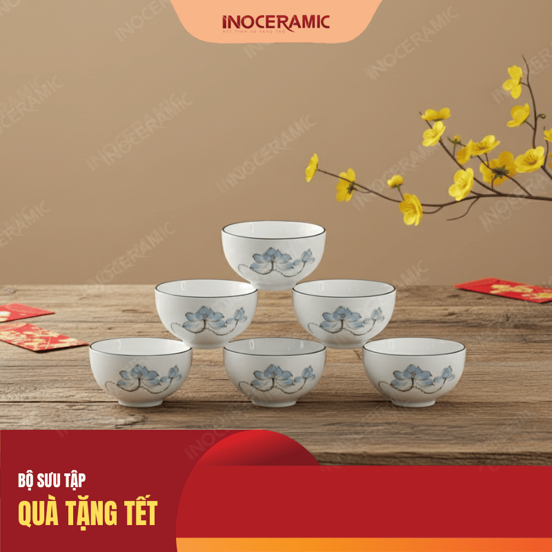 Bộ chén hoa văn sen xanh (6 chén) - Quà Tết doanh nghiệp Bộ chén hoa văn sen xanh (6 chén) - Quà Tết doanh nghiệp